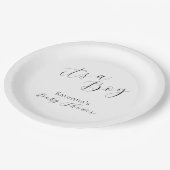 White Simple Minimalistisch Script Boy Baby Showdu Pappteller (Schrägansicht)