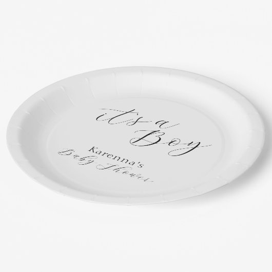 White Simple Minimalistisch Script Boy Baby Showdu Pappteller (Schrägansicht)