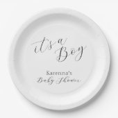 White Simple Minimalistisch Script Boy Baby Showdu Pappteller (Vorderseite)