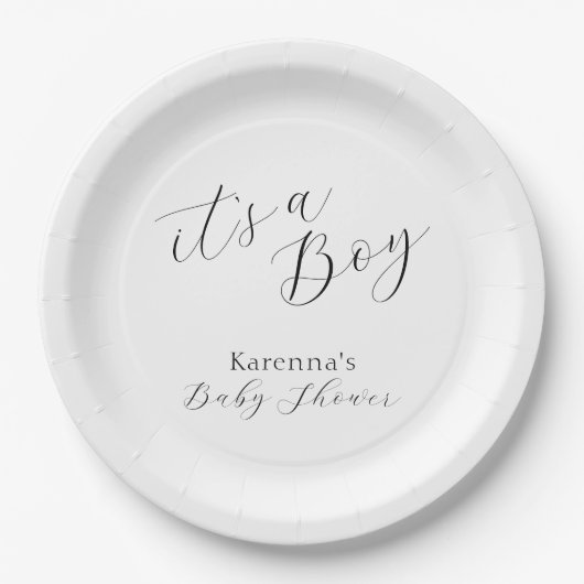 White Simple Minimalistisch Script Boy Baby Showdu Pappteller (Vorderseite)