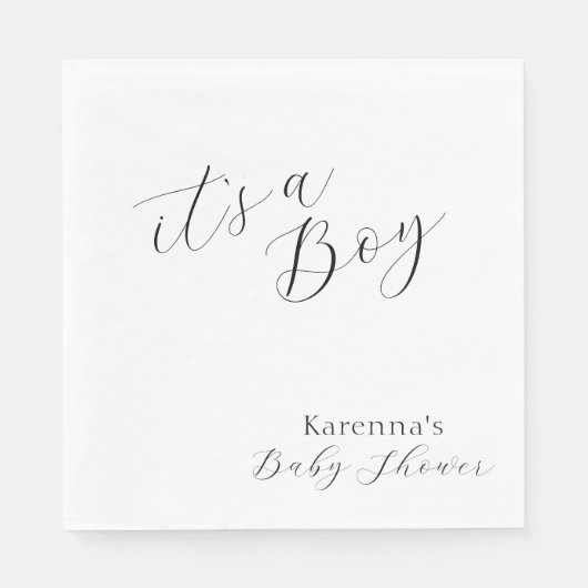 White Simple Minimalistisch Script Boy Baby Showdu Serviette (Vorderseite)
