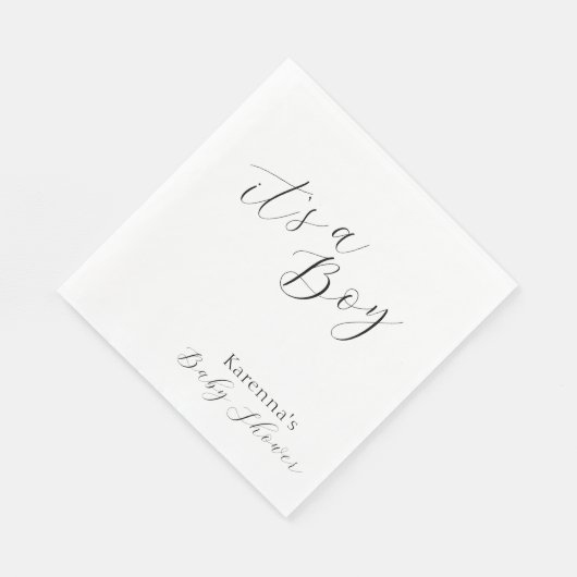 White Simple Minimalistisch Script Boy Baby Showdu Serviette (Ecke)
