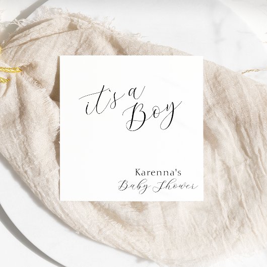 White Simple Minimalistisch Script Boy Baby Showdu Serviette