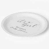 White Simple Minimalistisch Script Girl Baby Dusch Pappteller (Schrägansicht)