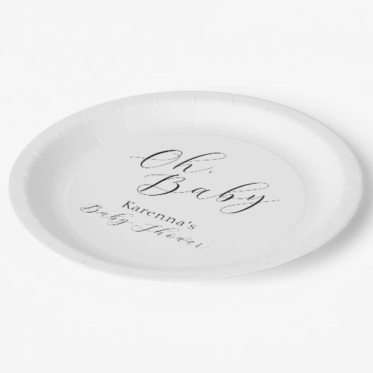 White Simple Minimalistisch Script Oh Baby Dusche Pappteller (Schrägansicht)