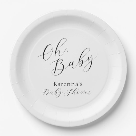 White Simple Minimalistisch Script Oh Baby Dusche Pappteller (Vorderseite)