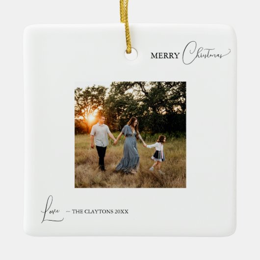 White Simple Modern Foto Frohe Weihnachten Keramikornament (Vorderseite)