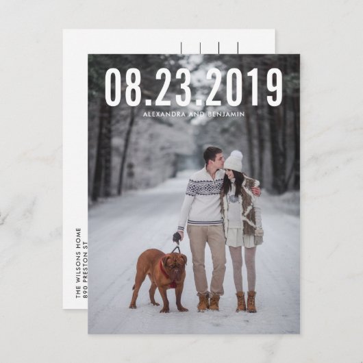 White Simple Typografy Save the Date Postcard Ankündigungspostkarte (Vorne/Hinten)