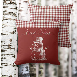 White Simplistic Frohe Weihnachten Snowman Kariert Kissen