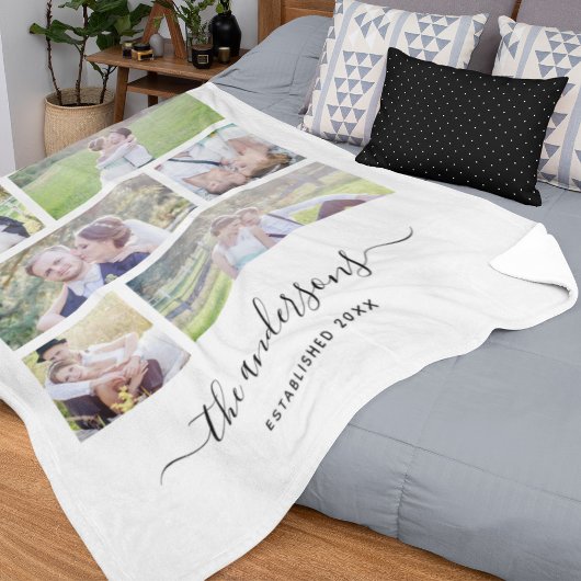 White Six Foto Collage Familienname Kalligrafie Fleecedecke