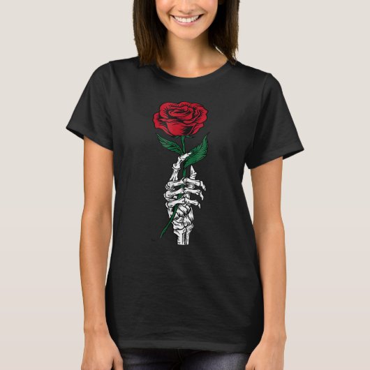 White Skeleton Hand Holding Rose Flower Funny Vale T-Shirt (Vorderseite)