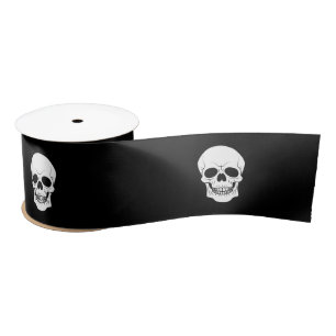 White Skull Head auf Black Simple Modern Halloween Satinband