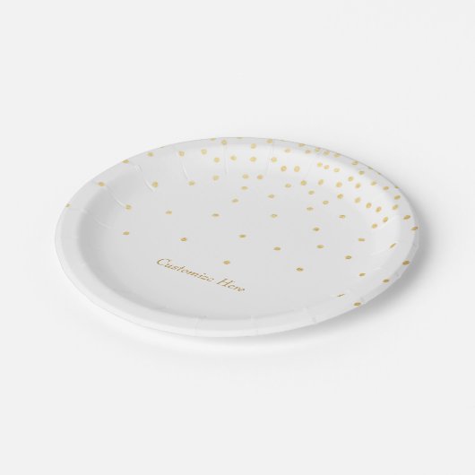 White & Small Gold Foil Confetti Dots Party Teller (Schrägansicht)