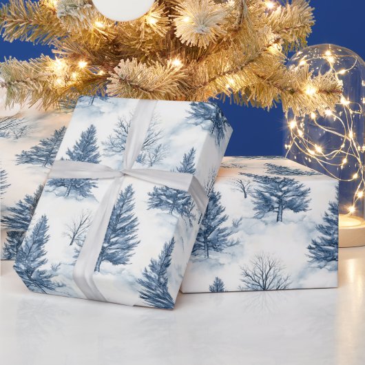 White Snow Blue Christmas Trees Geschenkpapier (Feiertage)