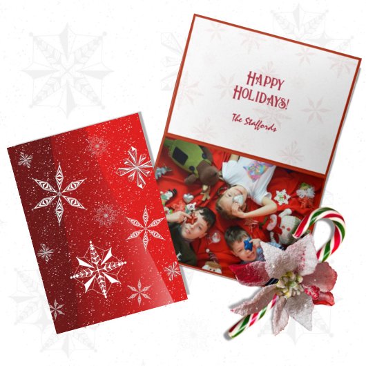 White Snow on Red Canvas Folded Christmas Card Dankeskarte