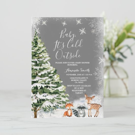White Snowflake Animal Evergreen Trees Baby Dusche Einladung (Stehend Vorderseite)