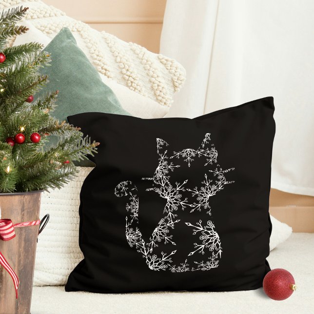 White Snowflake Cat Silhouette Kissen (White Snowflake Cat Silhouette Throw Pillow)