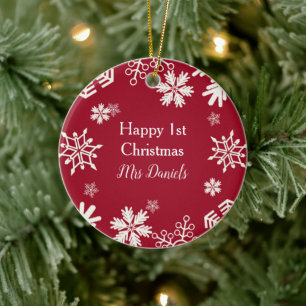 White Snowflake Just Married First Christmas Chr Keramik Ornament