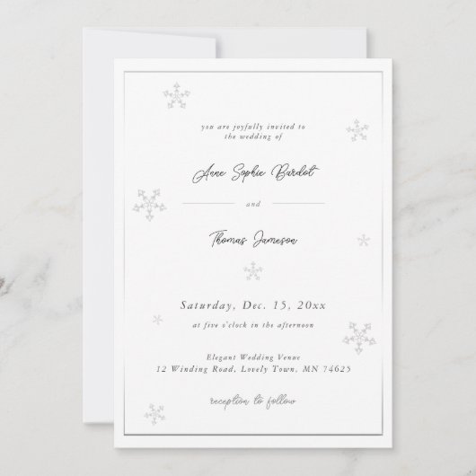 White Snowflake Modern Calligraphy Winter Wedding Einladung (Vorderseite)