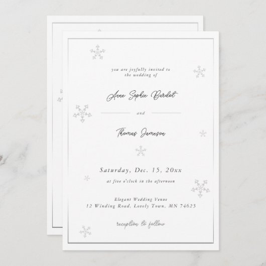 White Snowflake Modern Calligraphy Winter Wedding Einladung (Vorne/Hinten)