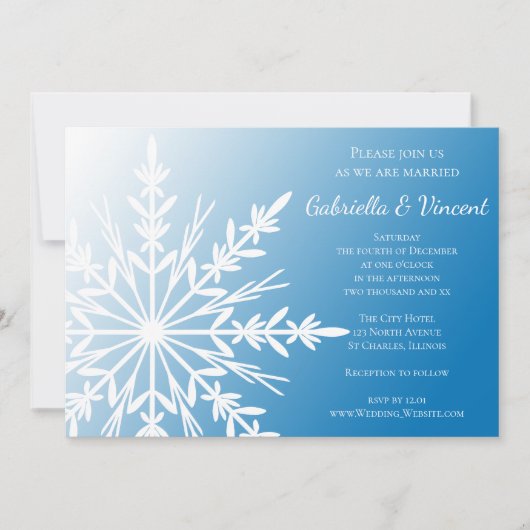 White Snowflake on Blue Winter Wedding Invitation Einladung (Vorderseite)