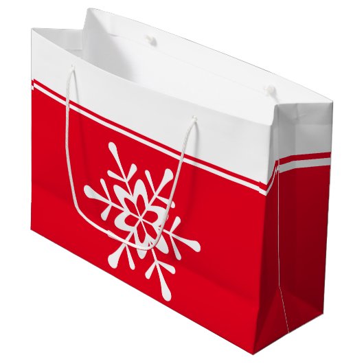 White Snowflake Red Backing Große Geschenktüte (Vorderseite Schrägansicht)