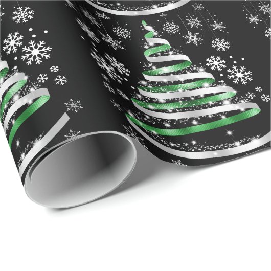 White Snowflake Silver Green Ribbon Christmas Tree Geschenkpapier (Rolleneckpunkt)