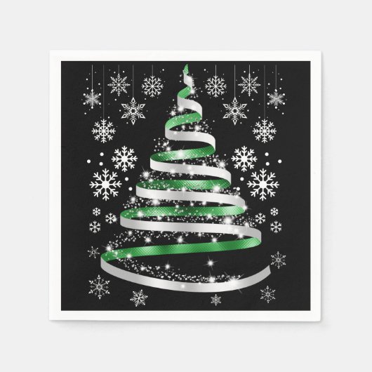 White Snowflake Silver Green Ribbon Christmas Tree Serviette (Vorderseite)