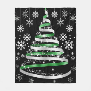 White Snowflake Silver Green Ribbon Weihnachtsbaum Fleecedecke