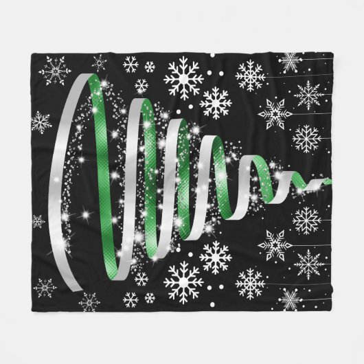 White Snowflake Silver Green Ribbon Weihnachtsbaum Fleecedecke (Vorderseite (Horizontal))