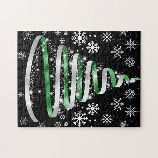 White Snowflake Silver Green Ribbon Weihnachtsbaum Puzzle (Horizontal)