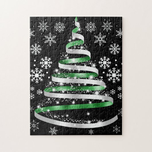 White Snowflake Silver Green Ribbon Weihnachtsbaum Puzzle (Vertikal)