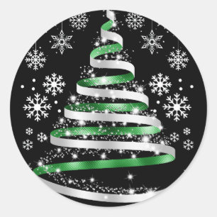 White Snowflake Silver Green Ribbon Weihnachtsbaum Runder Aufkleber