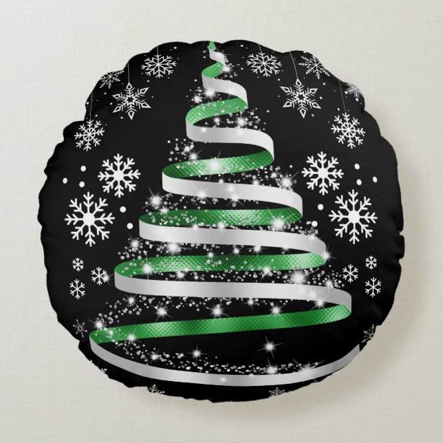 White Snowflake Silver Green Ribbon Weihnachtsbaum Rundes Kissen (Vorderseite)