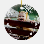 White Snowflakes Baby's First Christmas Foto Keramik Ornament (Hinten)