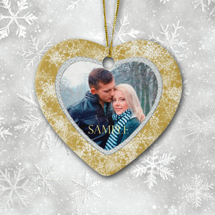 White Snowflakes Border on Gold Foto Template Keramik Ornament