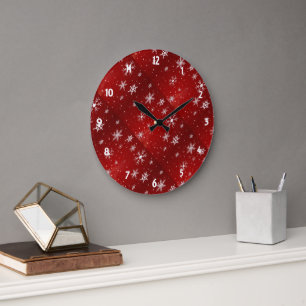 White Snowflakes Red Background Round Wall Clock Große Wanduhr