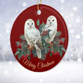 White Snowy Owls in Berries über Burgund Weihnacht Keramik Ornament