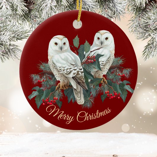 White Snowy Owls in Berries über Burgund Weihnacht Keramik Ornament