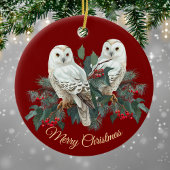 White Snowy Owls in Berries über Burgund Weihnacht Keramik Ornament