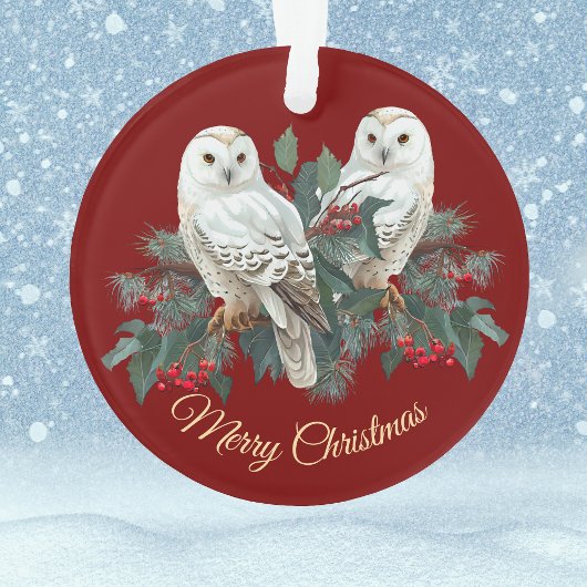White Snowy Owls in Berries über Burgund Weihnacht Ornament