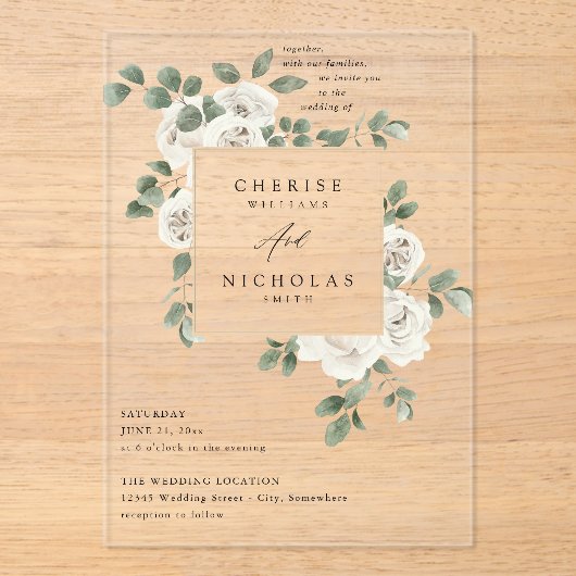 White Soft Floral & Eucalyptus Wedding V2 Acryleinladungen (Vorderseite)