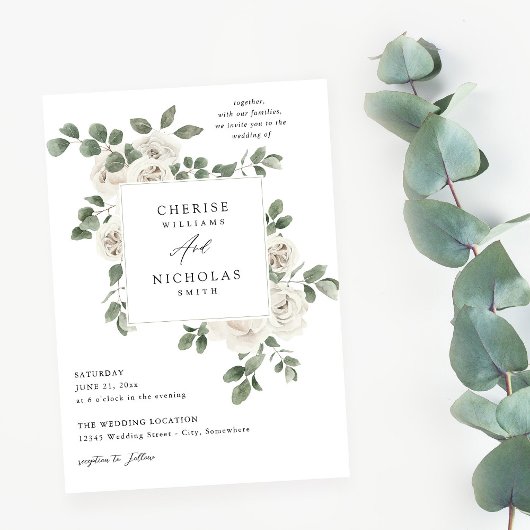 White Soft Floral & Eukalyptus Wedding Einladung