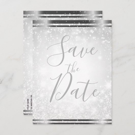 White Sparkle Elegante Winterhochzeit Save the Dat Ankündigungspostkarte (Vorne/Hinten)