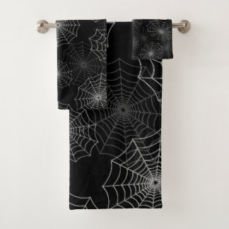 White Spider Web Cobweb Silk Pattern on Black Badhandtuch Set