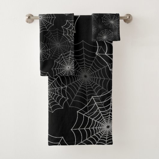 White Spider Web Cobweb Silk Pattern on Black Badhandtuch Set (Insitu)