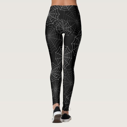 White Spider Web Cobweb Silk Pattern on Black Leggings (Rückseite)