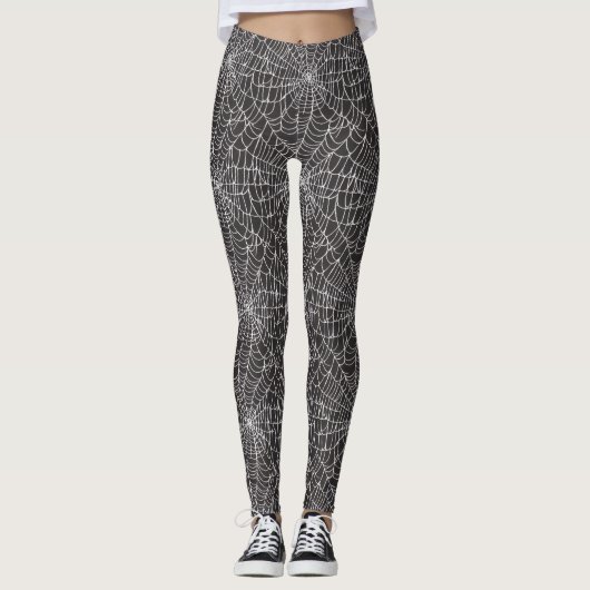 White Spider Web Halloween Design on Black Leggings (Vorderseite)