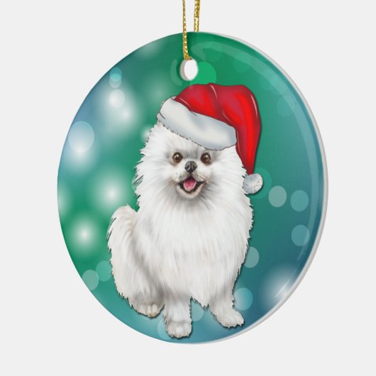 White Spitz Dog Red Weihnachtsmannmütze Weihnachte Keramik Ornament (Links)