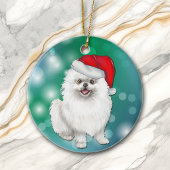 White Spitz Dog Red Weihnachtsmannmütze Weihnachte Keramik Ornament
